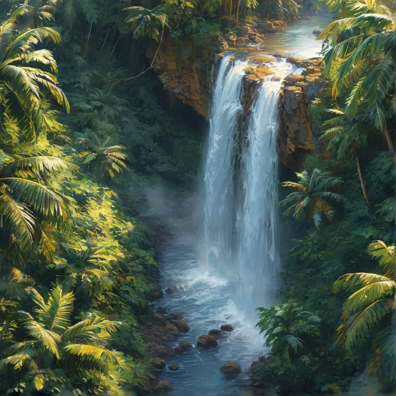 A powerful waterfall flows down a rocky cliff surrounded by dense palm trees and bright green foliage illuminated by sunlight.