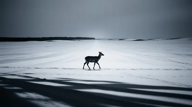 A lone deer walks across a vast snowy plain with dark foreground shadows and a dark treeline on the horizon under a grey sky