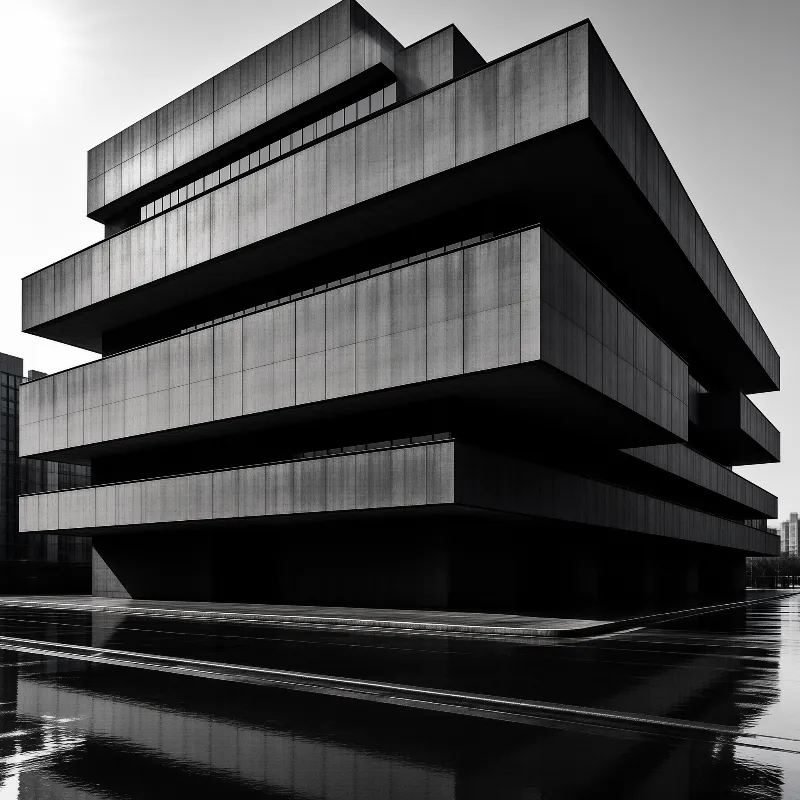 Tiered grey brutalist building stands over rain-slicked urban street with its reflection mirrored in wet asphalt below.