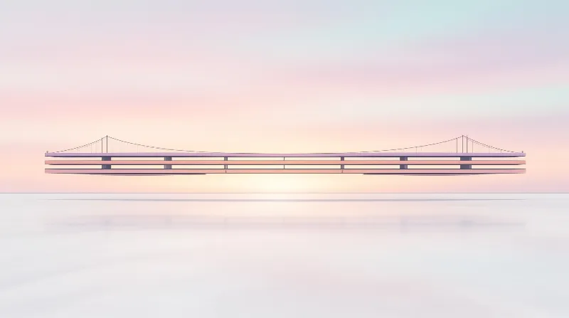 A long architectural bridge with suspension cables stretches across a mirror surface under a soft gradient sky.