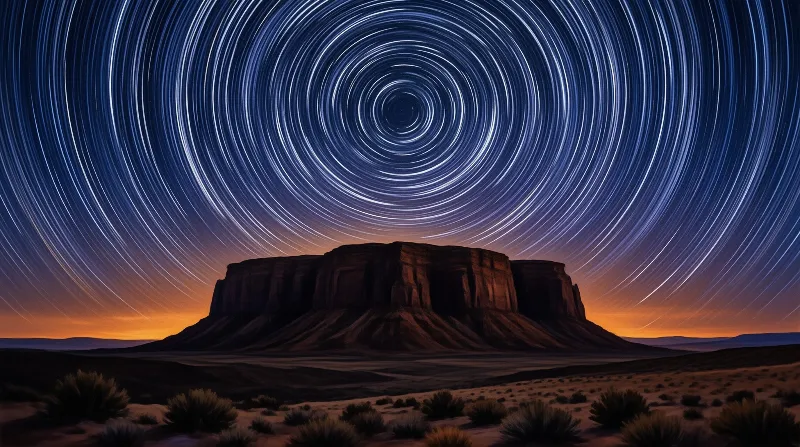 A dark mesa rises from a desert landscape beneath a sky full of circular white star trails and orange horizon light.