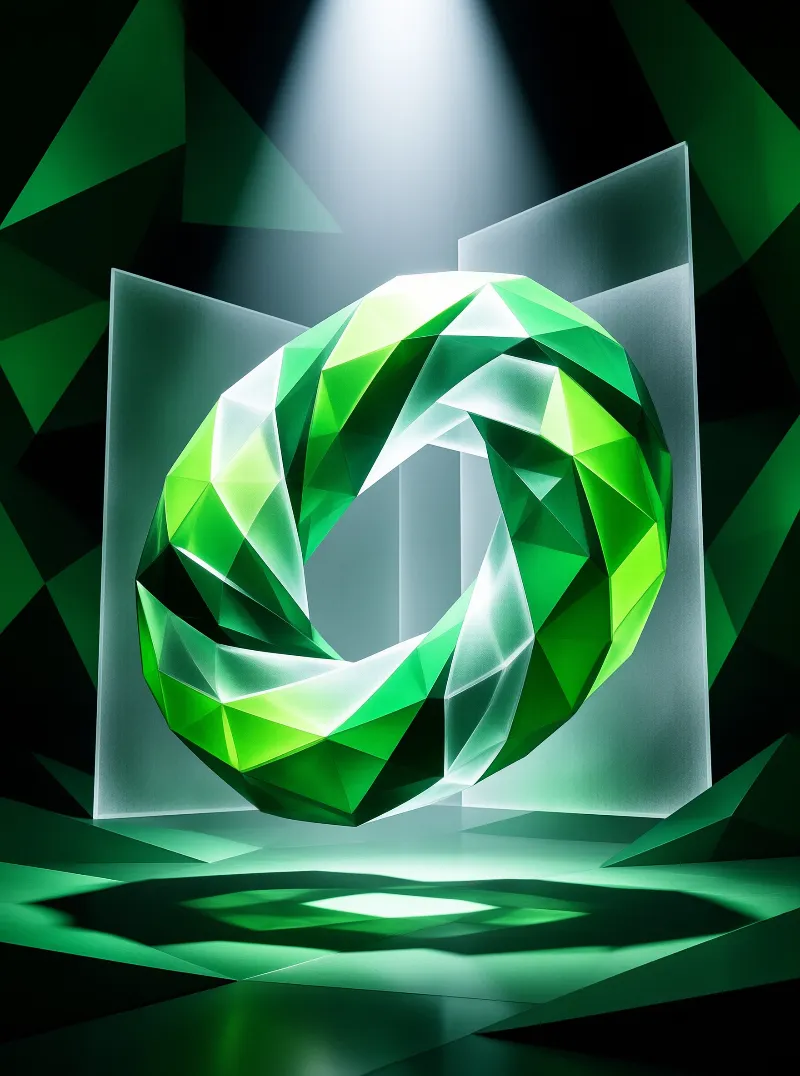 A faceted green geometric shape resembling a knot floats in a dark room illuminated by a bright beam from above.