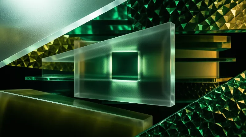 A translucent rectangular prism floats among angular green and gold geometric shapes.