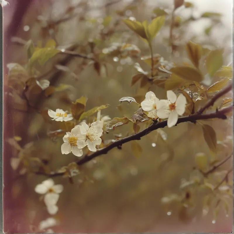 White flowers bloom on a dark branch with fresh green leaves while water droplets cling to the petals in gentle light.