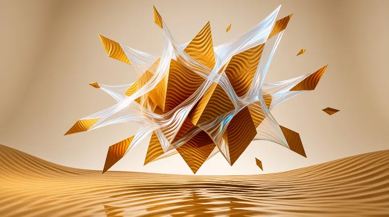 A cluster of iridescent and metallic gold fragments bursts upward from a rippled sandy surface under warm lighting.