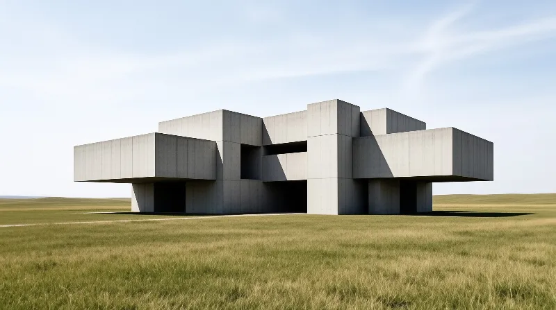 A stark angular grey concrete structure sits low in an empty sunlit grassy plain under a pale blue sky with faint wispy cloud streaks