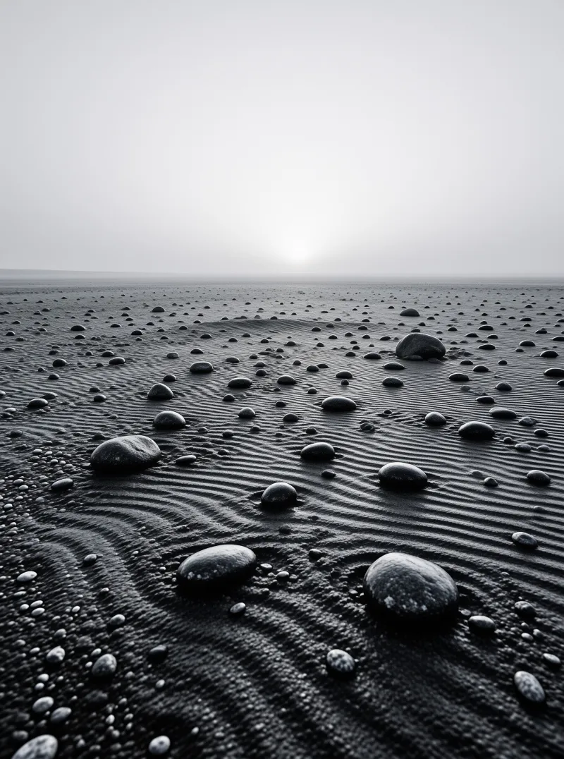 Smooth dark stones dot the rippled surface of a vast sandy beach beneath a dim hazy horizon.