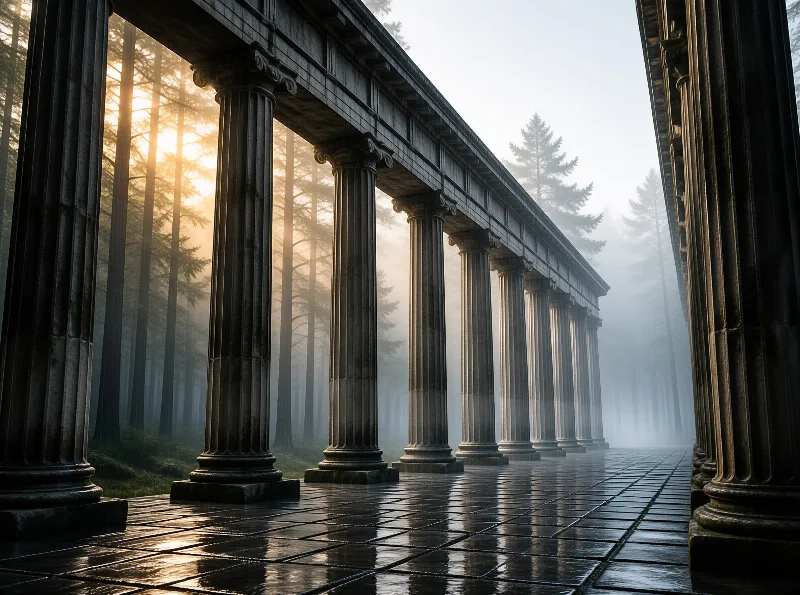 Weathered stone pillars stand in a foggy woodland where morning sun shines through trees onto wet pavement.