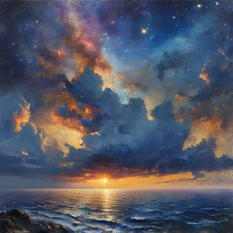 Vast ocean meets a glowing sunset horizon under swirling blue and orange clouds filled with scattered bright stars.