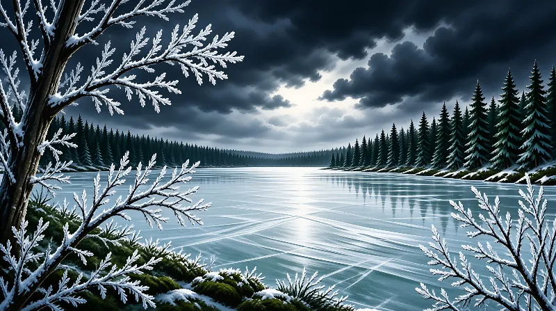 Frost covered branches frame a frozen lake backed by pines under dark stormy winter skies, with a bright light gap in clouds