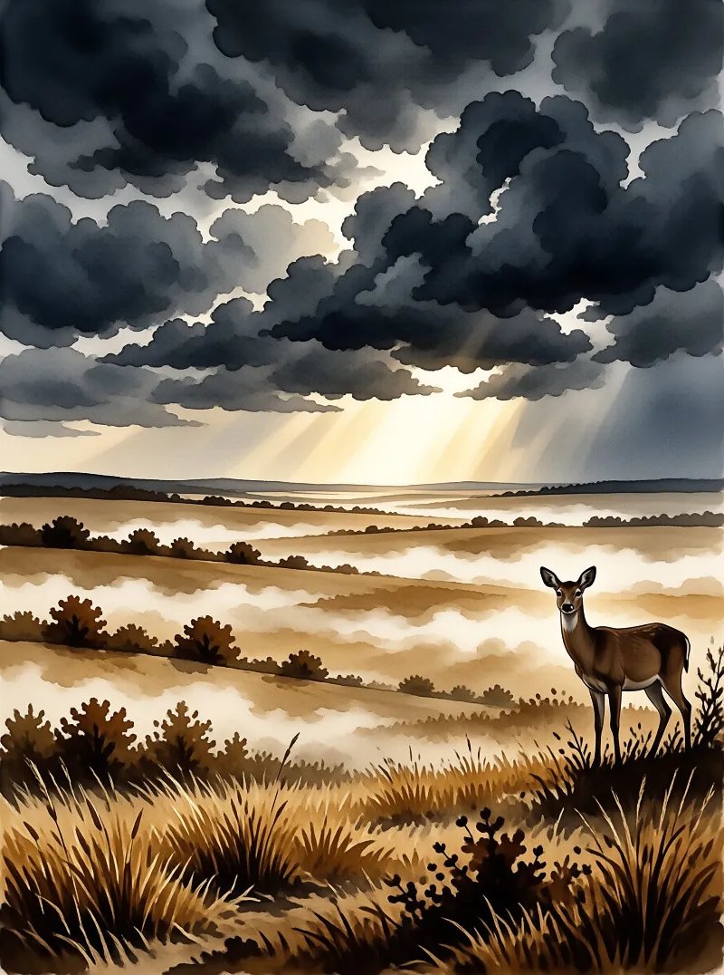 A brown deer looks forward from a grassy slope while heavy clouds break open to reveal golden light over foggy hills.