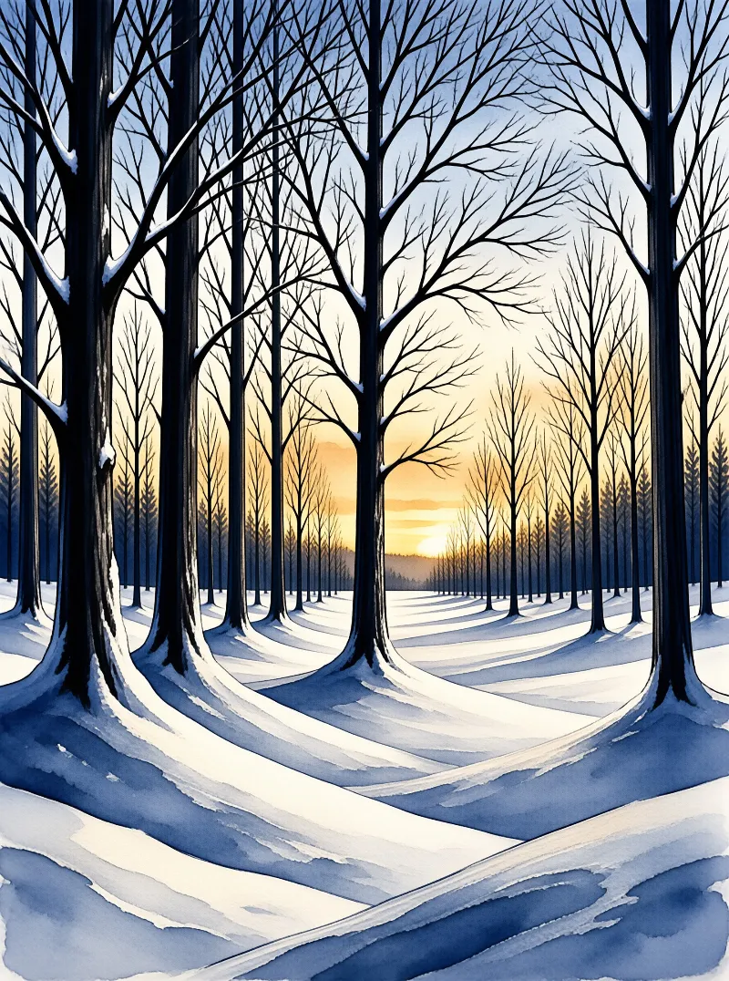 Tall dark trees line a snowy path with golden light glowing through the branches in the distance.