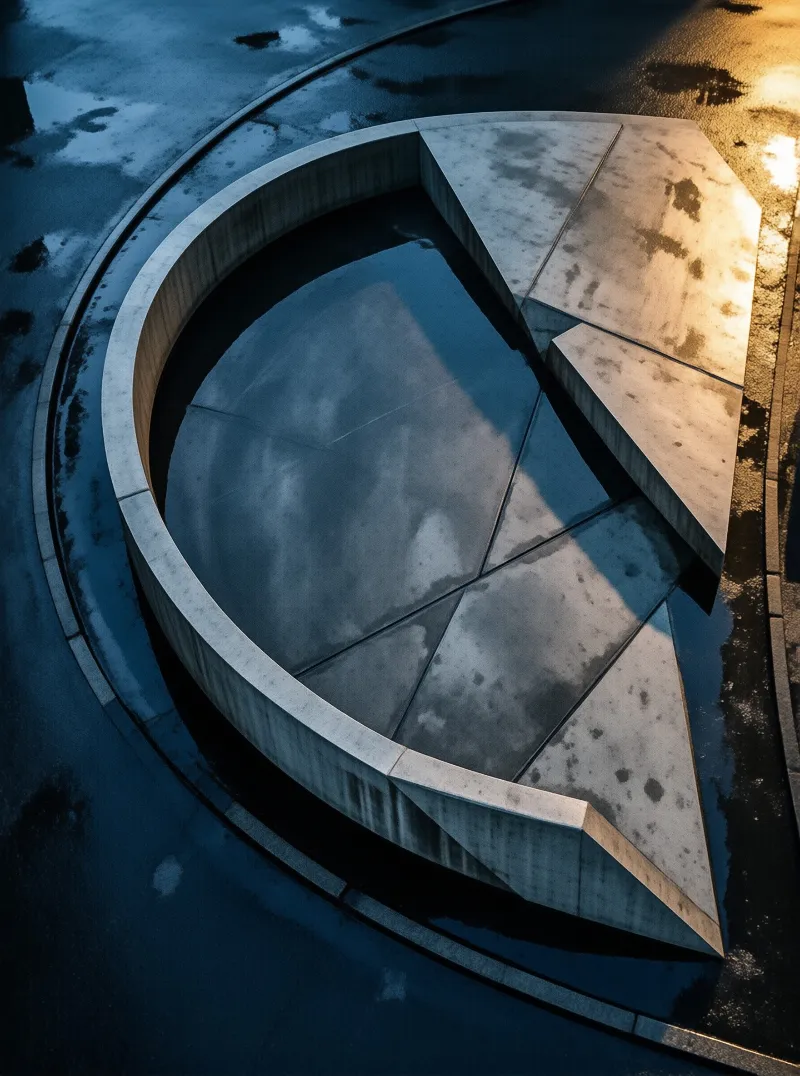 High angle view of curved concrete walls in a sunken spiral, half in cool blue shadow and half glowing with warm light.