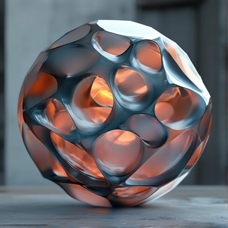 A rounded metallic object with a cellular structure sits on a surface, glowing with soft amber light from within.