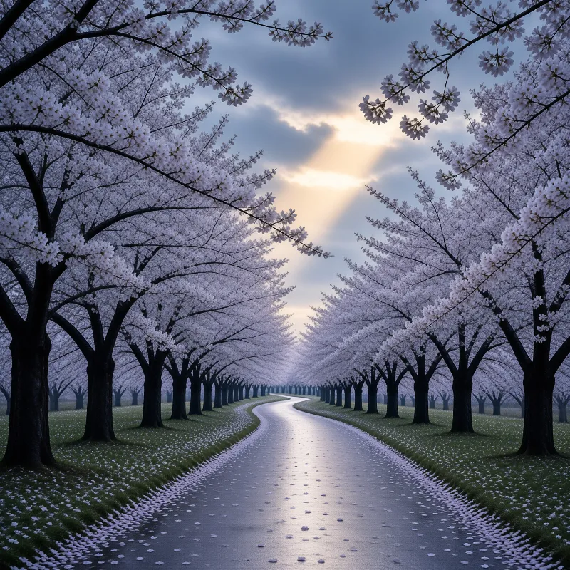A rain glossed lane curves beneath blooming cherry trees as sunlight breaks through soft grey clouds