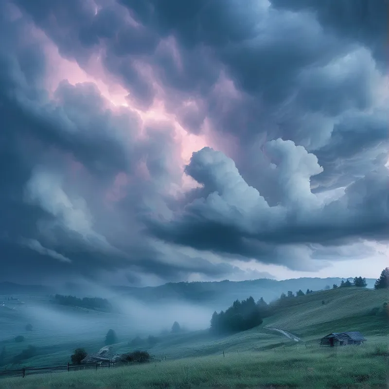 Dramatic Sky Over Misty Hills
