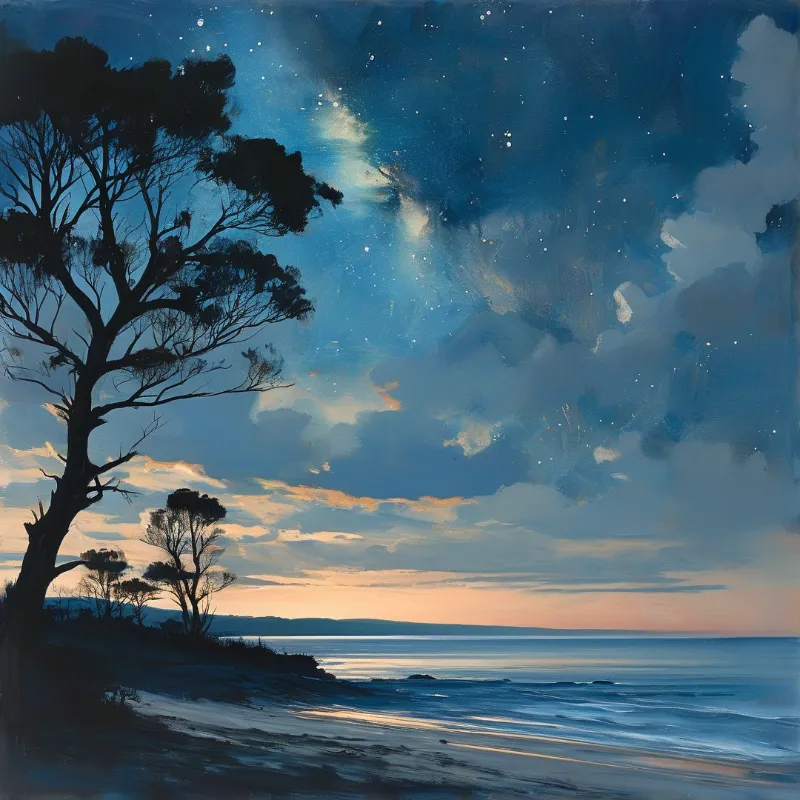 A dark tree silhouette frames a coastal scene where stars appear in the blue sky above the calm ocean water.