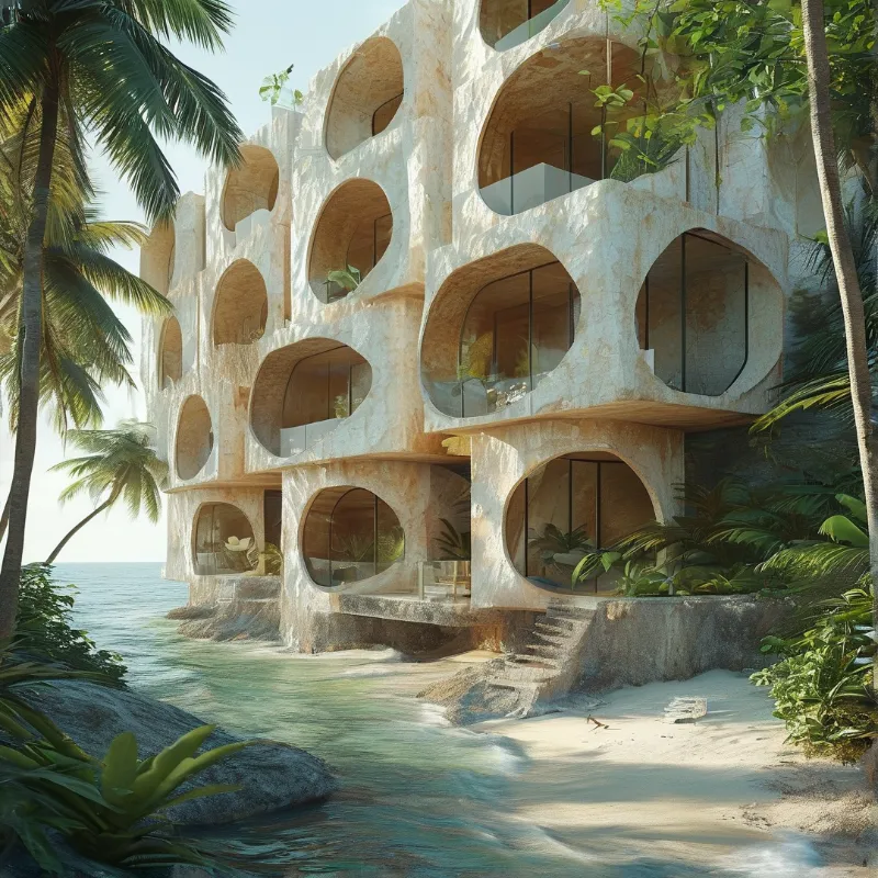 Organic beige stone building with circular openings stands beside a turquoise sea on a sunny tropical beach with palm trees