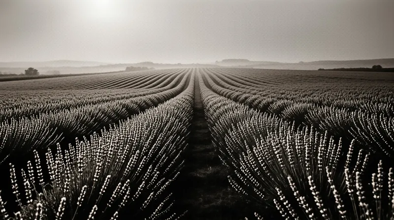 A wide perspective of a vast field with parallel rows of crops leading the eye toward a distant hazy horizon.