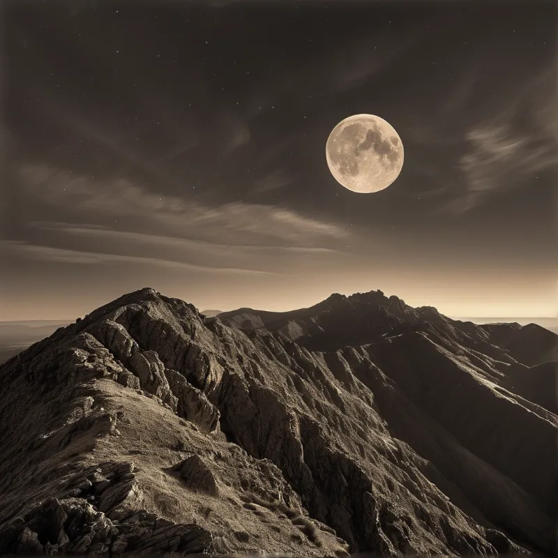 Jagged mountain peaks rise beneath a brilliant full moon in a sepia-toned night sky dotted with stars and wispy clouds.