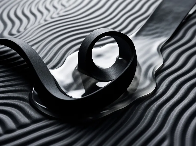 A dark ring floats above rippled liquid metal. Bright lighting casts shadows on the wavy texture, highlighting the torus.