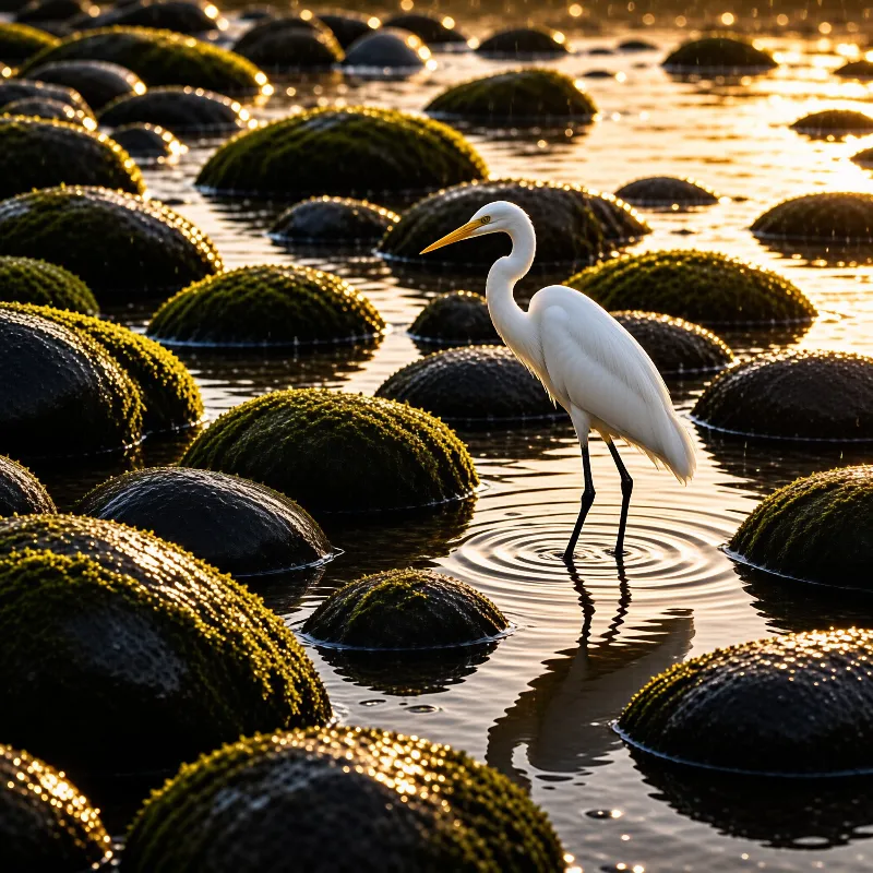 A white egret stands in shallow water surrounded by numerous mossy rocks illuminated by warm golden sunlight.