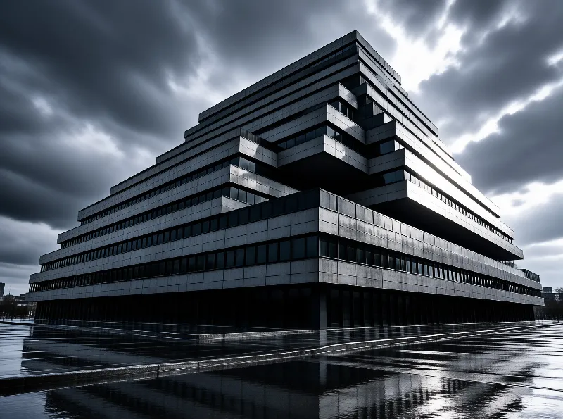 A stepped brutalist office block rises in tapering layers over a rain-slicked plaza beneath heavy storm clouds