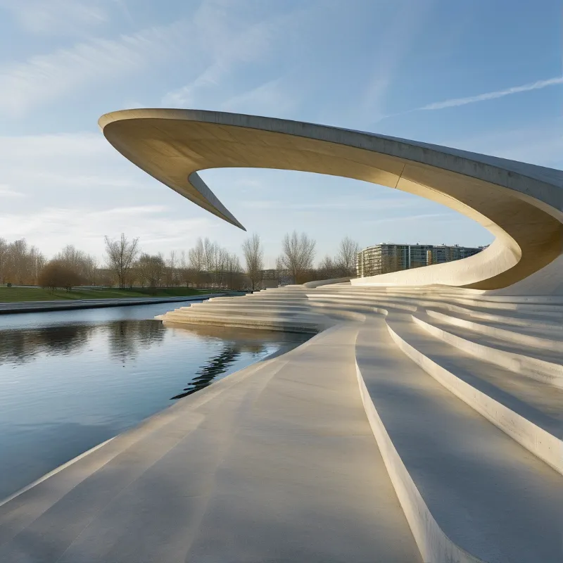 A sweeping concrete canopy arches over stepped platforms beside a calm river under soft light with distant buildings.