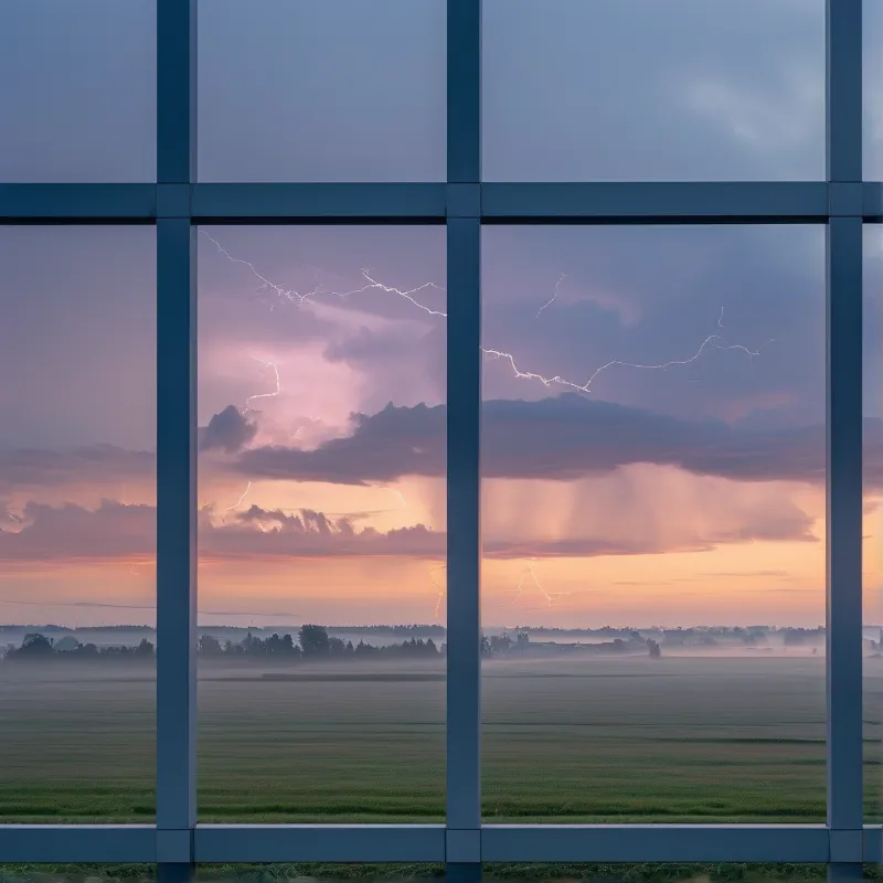 A view through dark window panes reveals a purple sky with lightning and sunbeams over a misty green field.