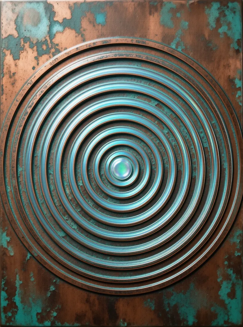 Bright concentric rings create a ripple effect on a weathered background of rusted copper and teal green oxidation.