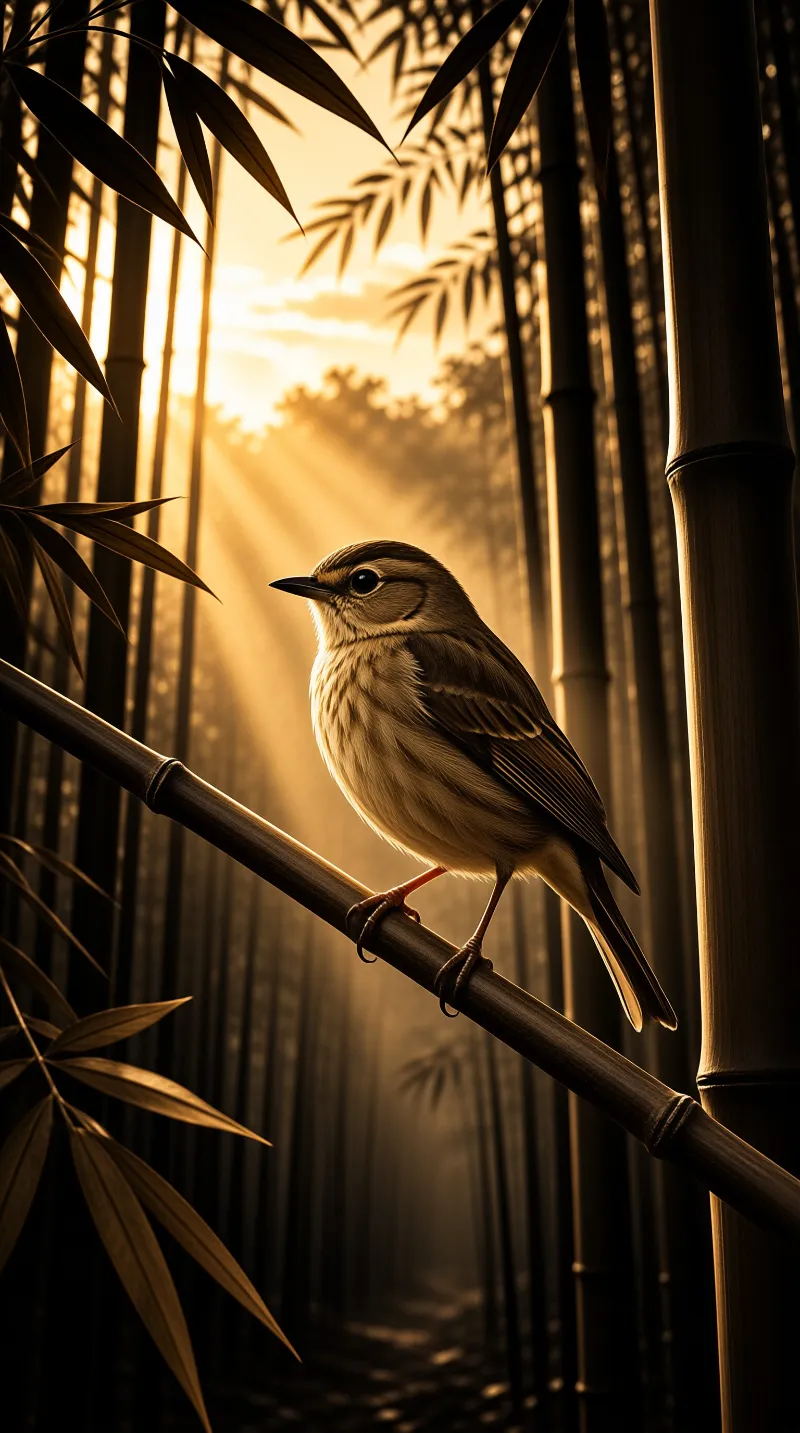 A small brown bird rests on a diagonal bamboo branch as warm golden sunlight illuminates the misty forest background.