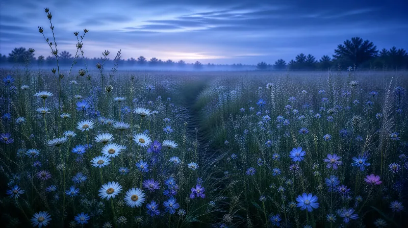 Misty Flower Field at Dusk