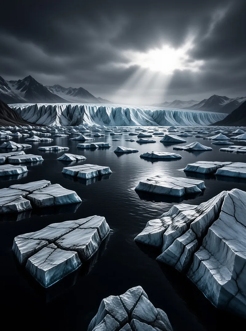 Broken ice chunks float on dark water beneath a glacier wall while sunlight beams through stormy clouds.
