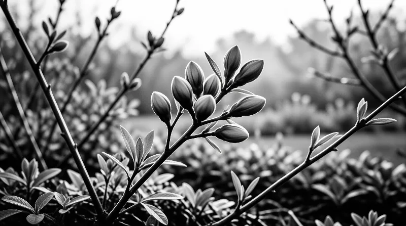 A close black and white study of tightly closed flower buds and young leaves along a slender garden branch.