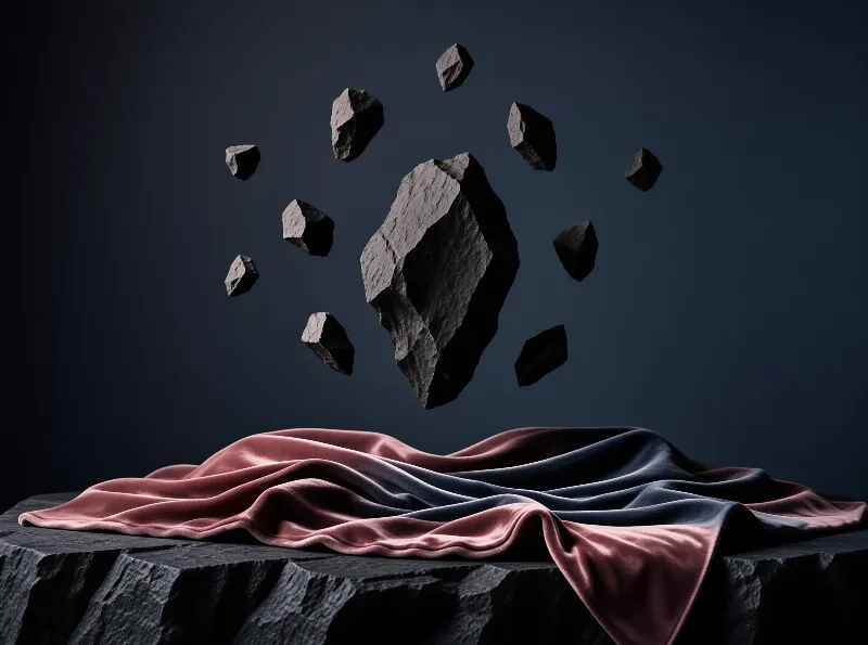Jagged dark rocks hover above a pink velvet cloth draped over a rough stone platform in a dark studio setting.