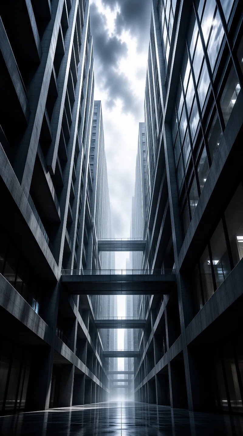 A vertiginous view up a corridor of dark skyscrapers whose floors are stitched together by glass pedestrian bridges.