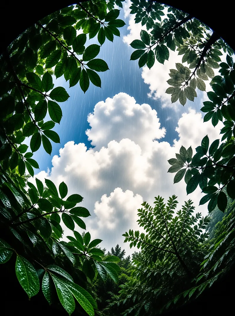 Looking up through a circular opening of green leaves at white cumulus clouds and falling rain against a bright blue sky.