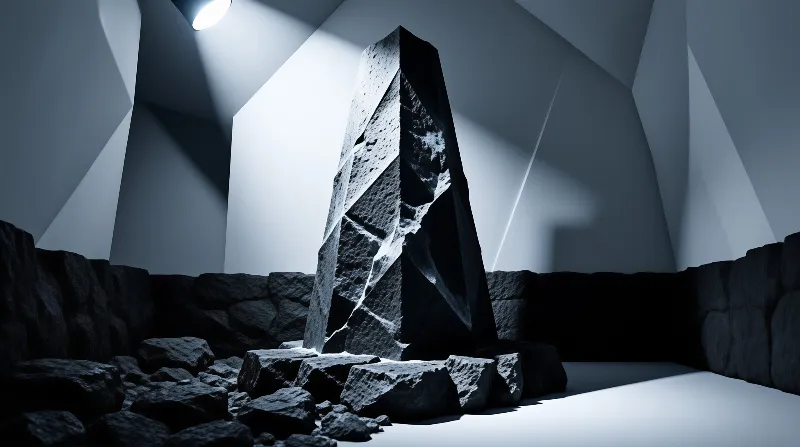 A dark jagged stone monolith with pale veins stands on rough rocks inside a brightly lit angular white chamber.