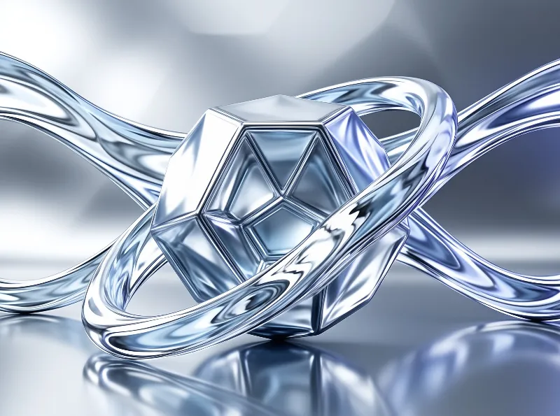 Reflective blue structure with a faceted hexagonal center encircled by smooth twisted chrome ribbons.