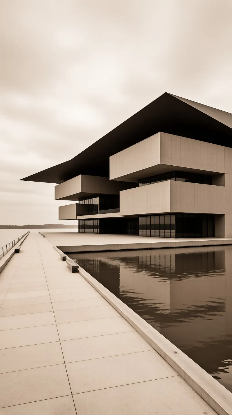 A minimalist concrete building with a sharp overhanging roof stands next to a reflecting pool under an overcast sky.