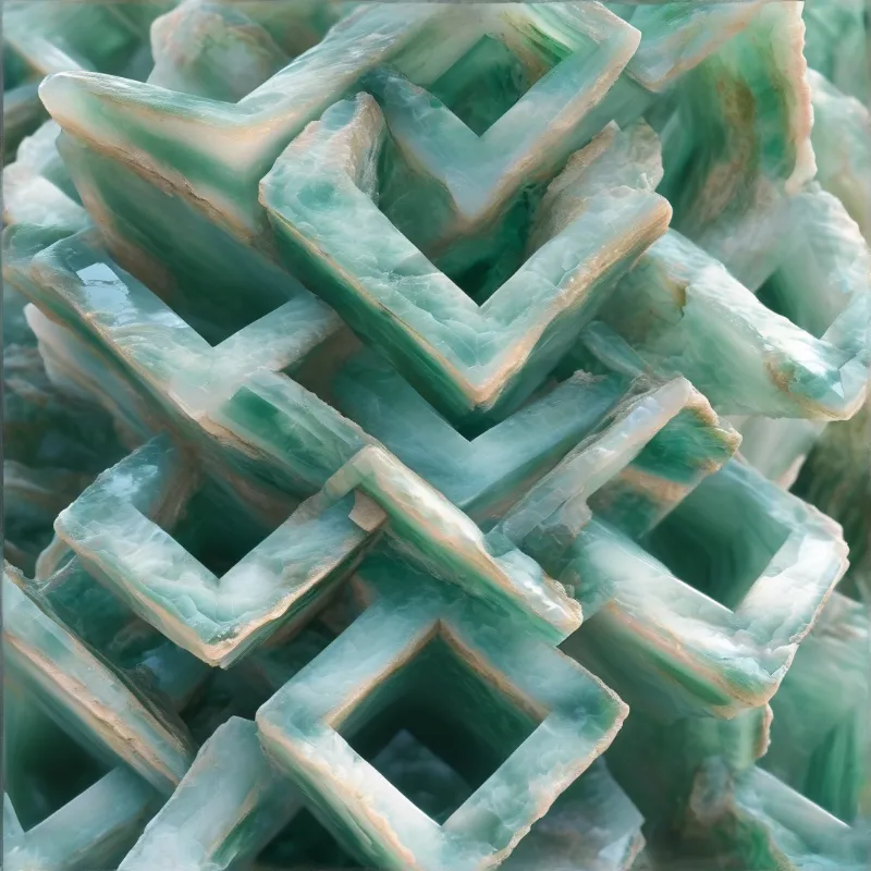 Pale green translucent V shaped interlocking mineral forms build a repeating geometric lattice with soft even illumination.