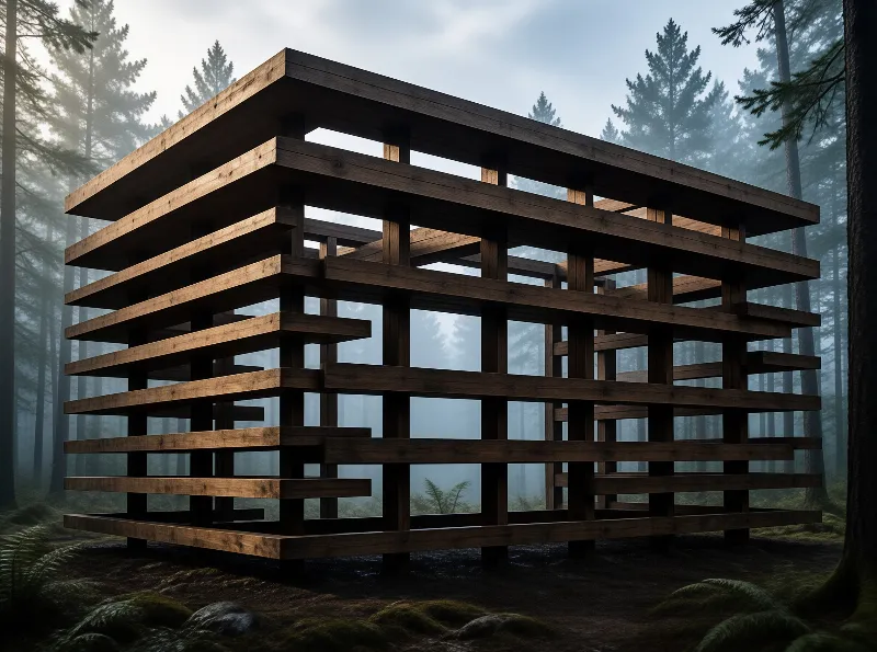 An open framework of stacked wooden beams stands among tall conifers wrapped in pale morning fog.