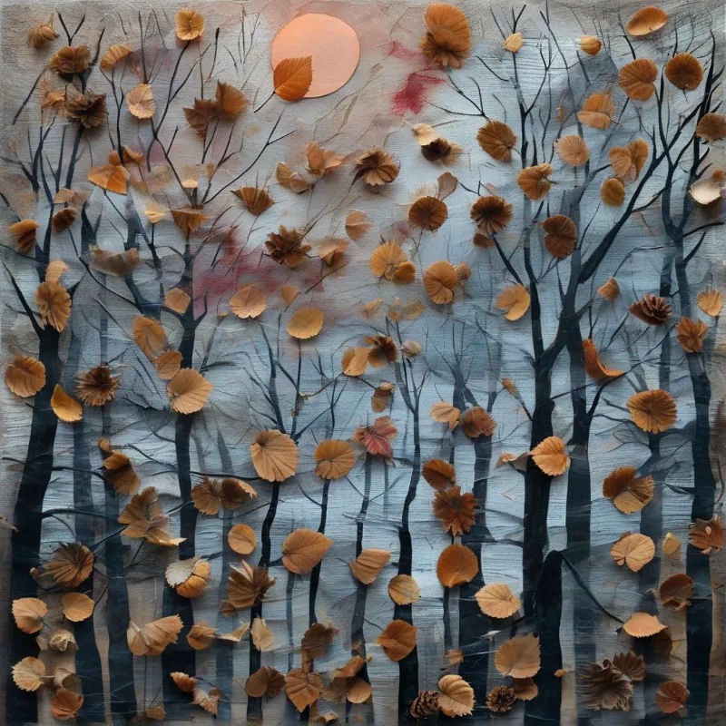 Dark tree trunks hold brown foliage against a textured blue surface featuring a large pale orange sun.
