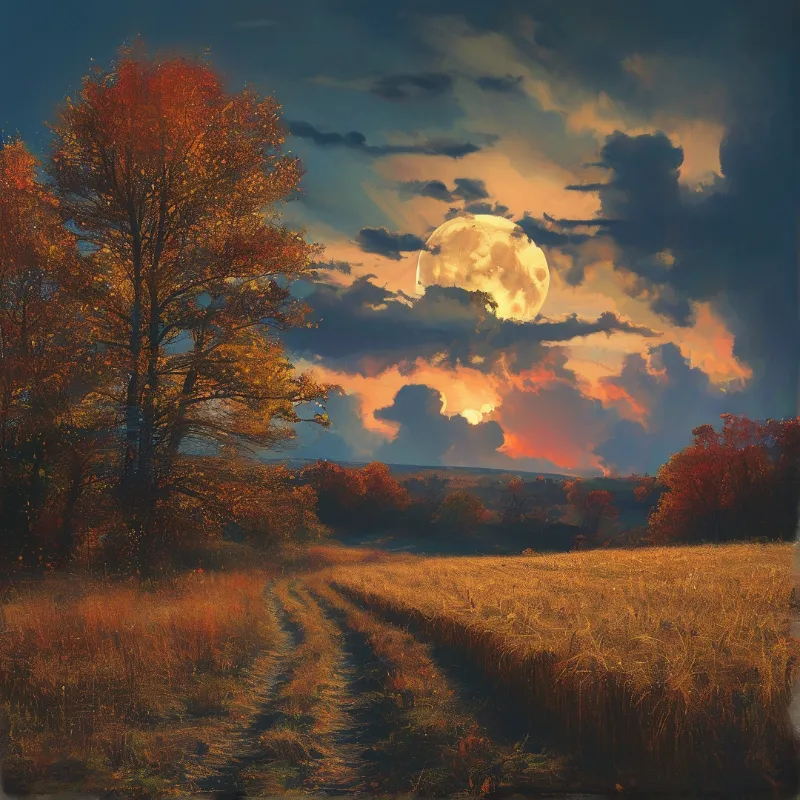 A quiet valley rests beneath a glowing sky with peaks silhouetted against the fading light.
