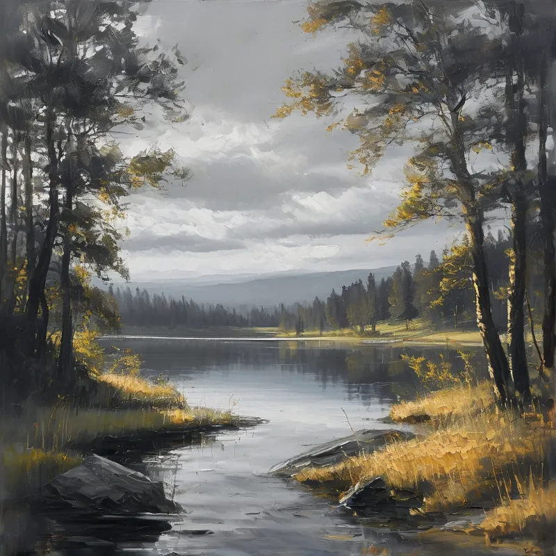 A painted landscape shows a calm lake surrounded by trees with yellow foliage under a cloudy grey sky.