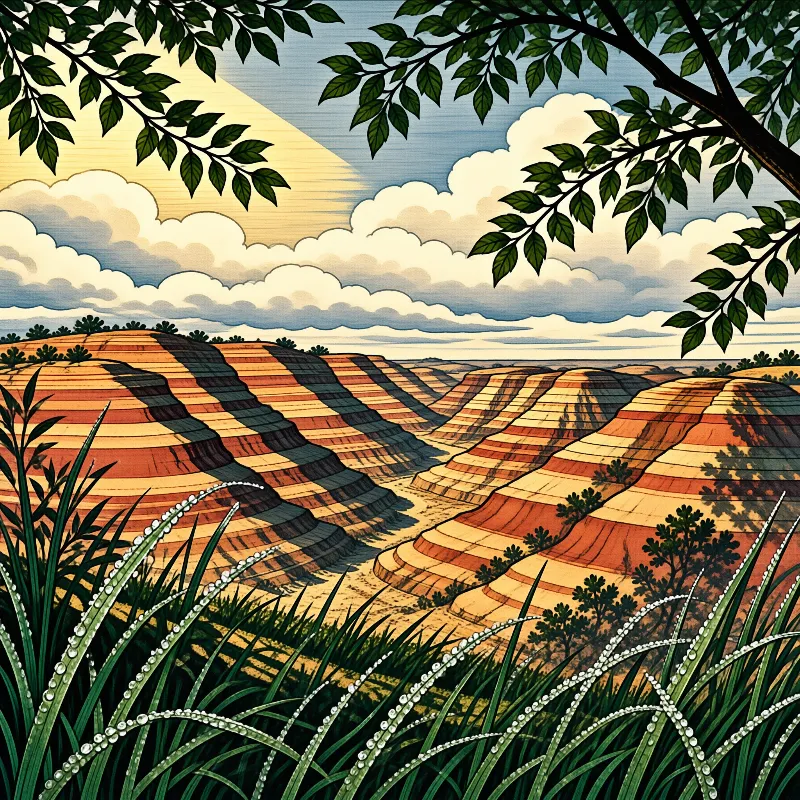 Layered canyon ridges stretch beneath a partly cloudy sky with dew-covered grass blades framing the foreground.