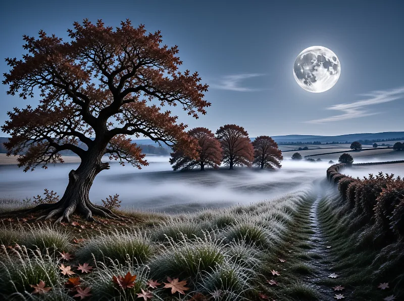 Misty Autumn Moonlight Scene
