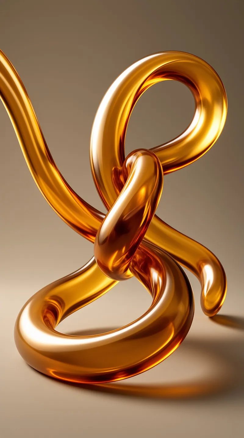 A shiny orange gold liquid shape twists in a loop against a smooth beige surface under soft light.
