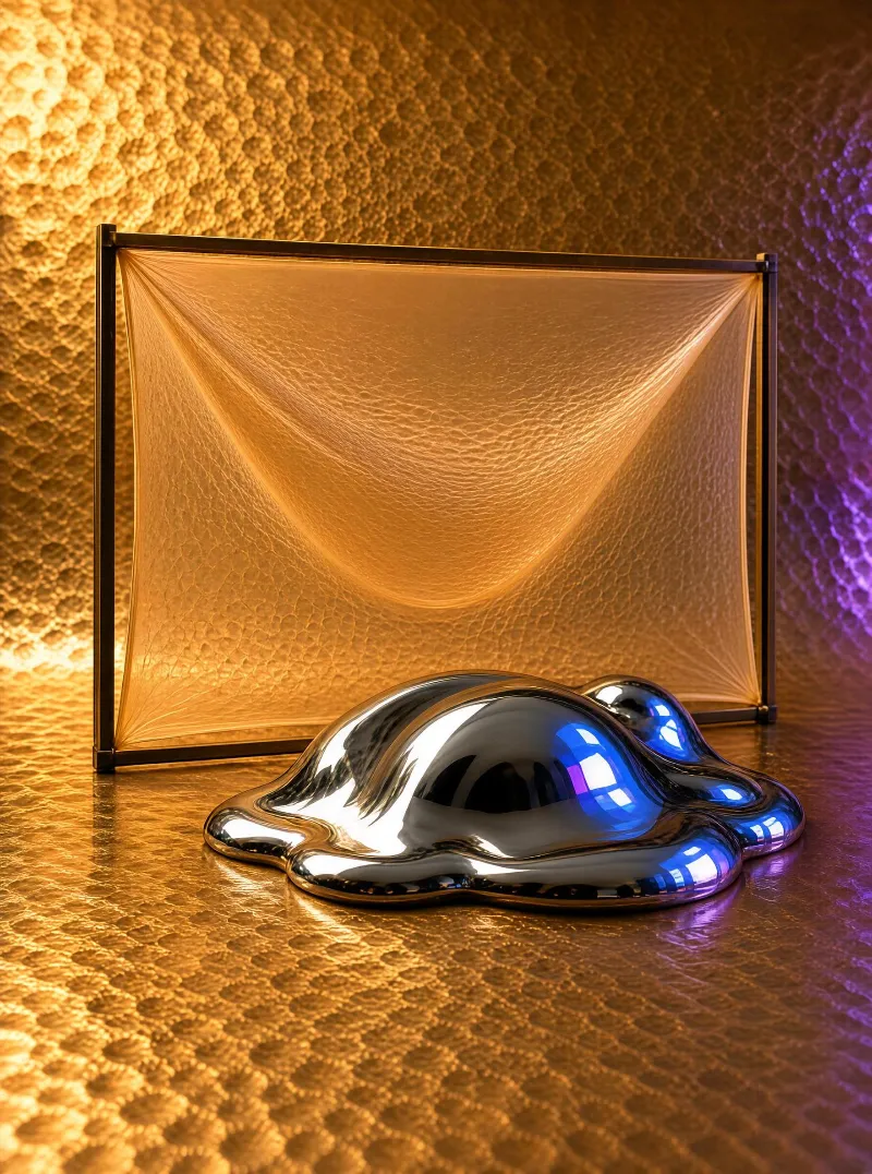 A shiny liquid metal puddle sits before a golden translucent membrane on a black frame, lit by warm and purple light.