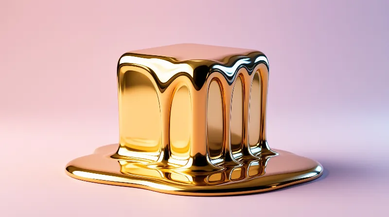 A reflective liquid gold cube rests on a smooth gradient pink backdrop, its edges dripping down into a flat glossy pool at its base.